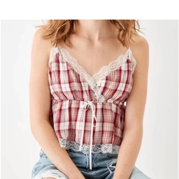 American Eagle Outfitters Tops - American Eagle Outfitters Red Plaid Lace Cami